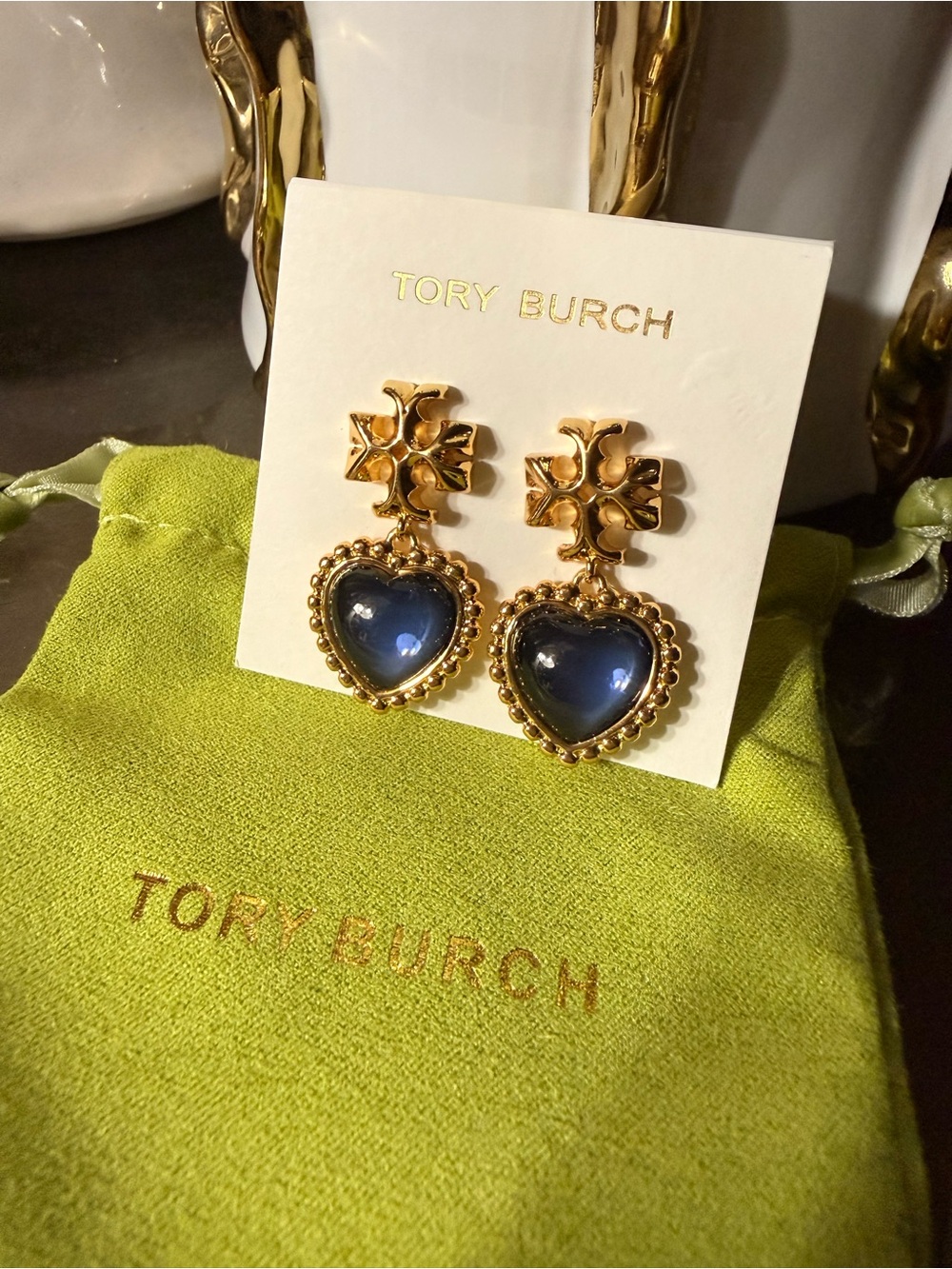 Tory Burch Gold-Tone Earrings with Deep Blue Heart Drops